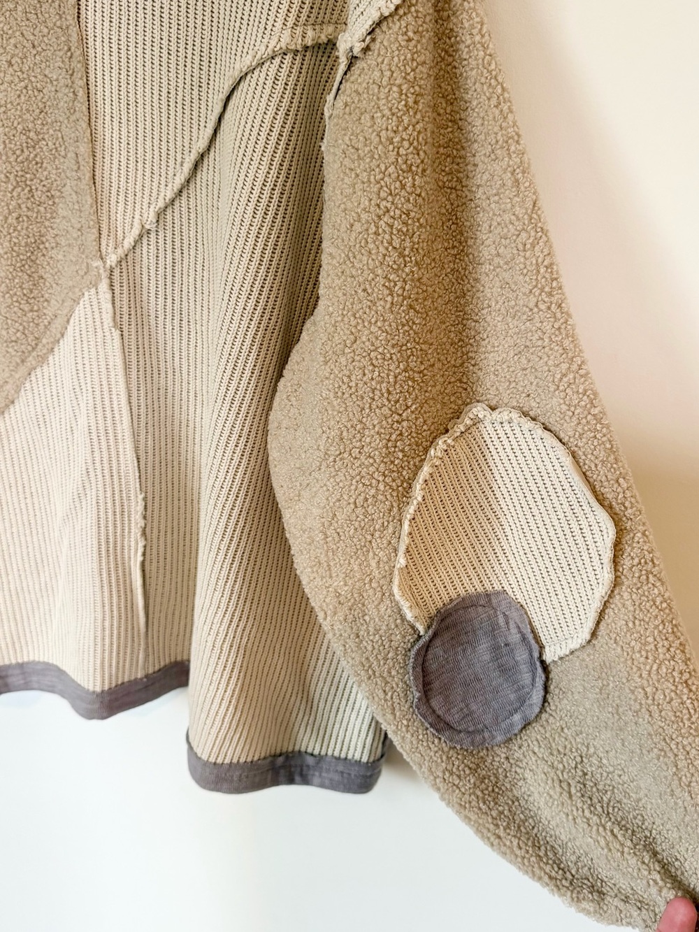 POL Patchwork Quarter Zip Pullover in Taupe and Beige - Size: Small - Picture 6 of 14